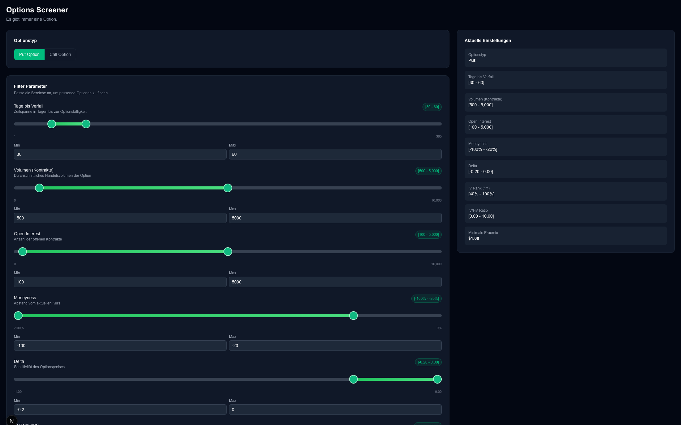 Vorschau des Options Screeners von Data4Traders